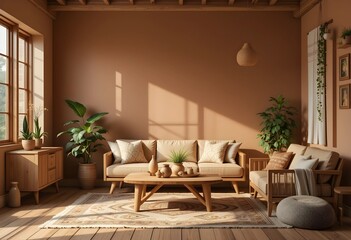 Cozy home interior with wooden furniture on brown background, home interior with a calm atmosphere. 3d render