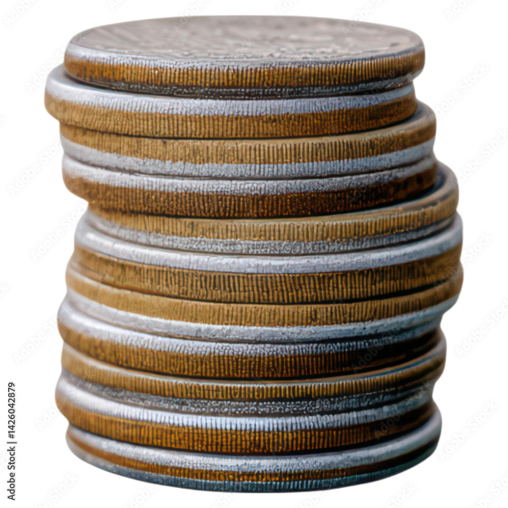 Poster stacked metallic coins with distinctive patterns and textures, isolated on transparent background.