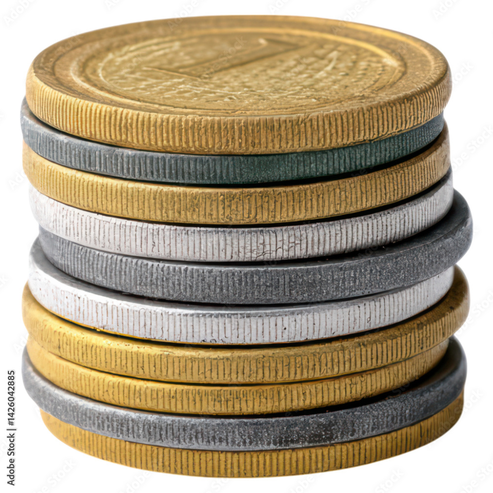 Poster stacked coins of various colors creating a monetary display, isolated on transparent background.