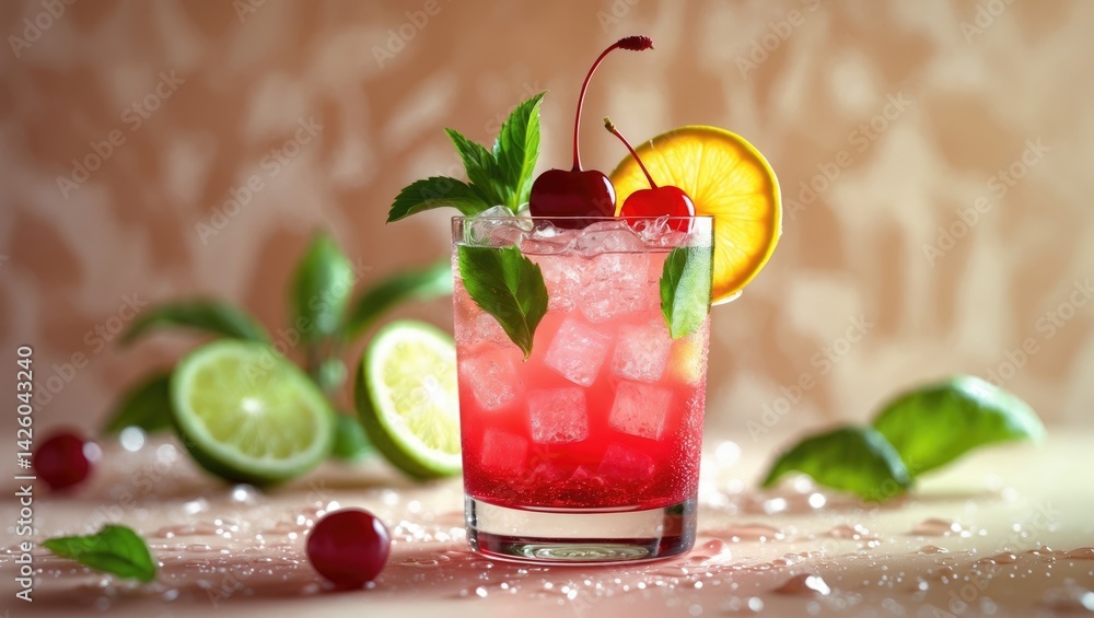 Poster vibrant cherry and lime mojito mocktail with mint and ice on a colorful background for summer partie