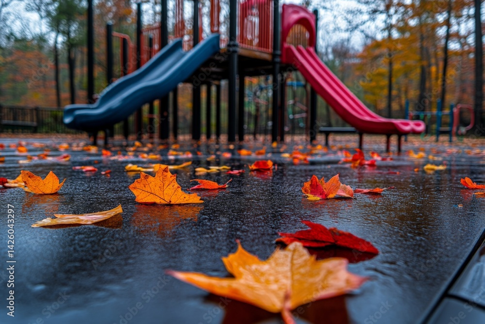 Poster vibrant autumn leaves on wet playground surface after a rainstorm in a quiet park setting