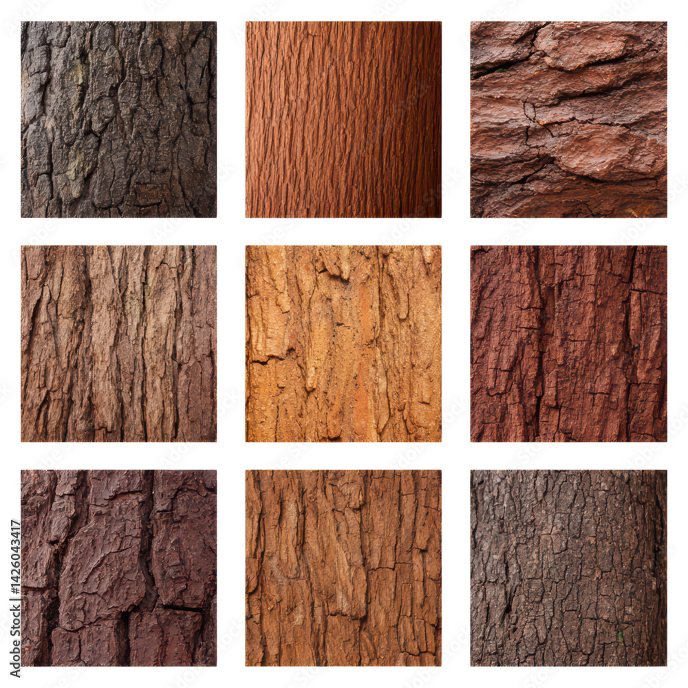 Aufkleber textured wood bark patterns in a grid layout for design projects, isolated on transparent background
