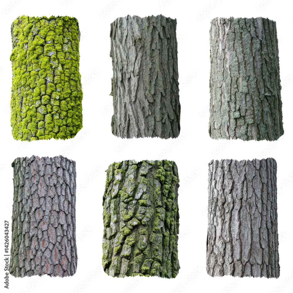 Poster various tree bark textures with different colors and patterns, isolated on transparent background.