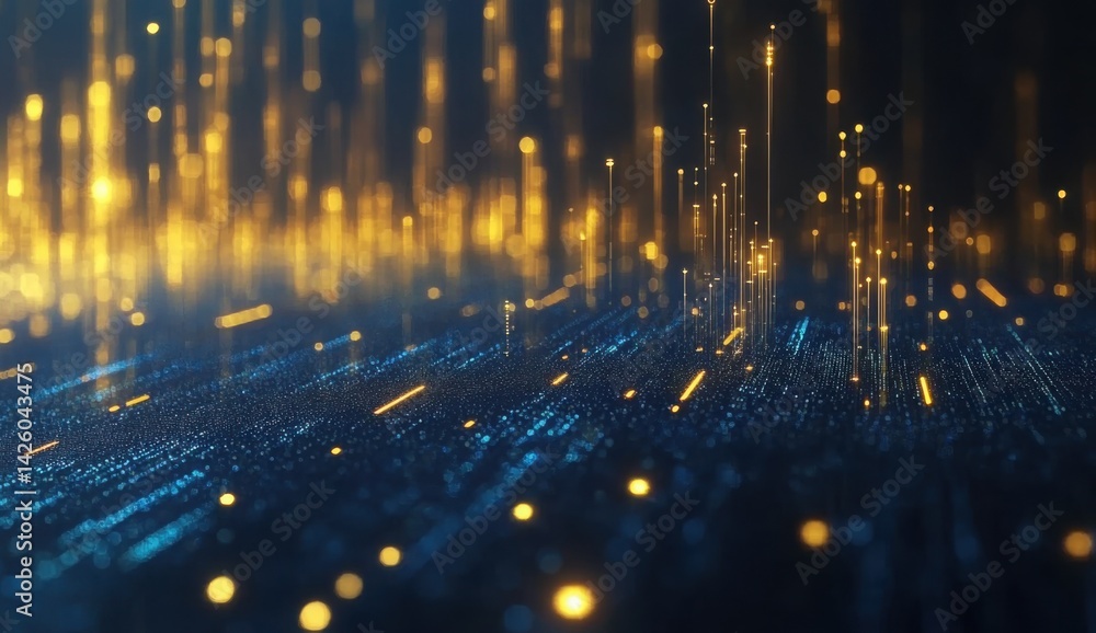 Poster abstract digital pattern with blue data streams and gold light particles
