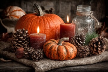 Autumn decorations with pumpkins, pine cones, and candles creating a cozy atmosphere in a rustic setting