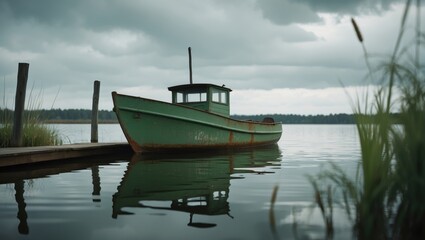 A tiny green boat drifting peacefully on the lake surface
