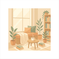 Cozy Reading Chair by the Window with Coffee and Books – Minimal Vector Art