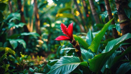 A detailed view of a garden featuring red banana plants amidst lush greenery