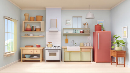 This bright kitchen features a blend of soft colors, wooden furniture, and playful decor. A cozy space, it invites creativity, with shelves showcasing utensils and a lively plant by the window