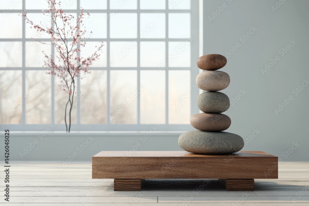 Poster balanced stone stack on a wooden platform in a serene indoor space with soft natural lighting