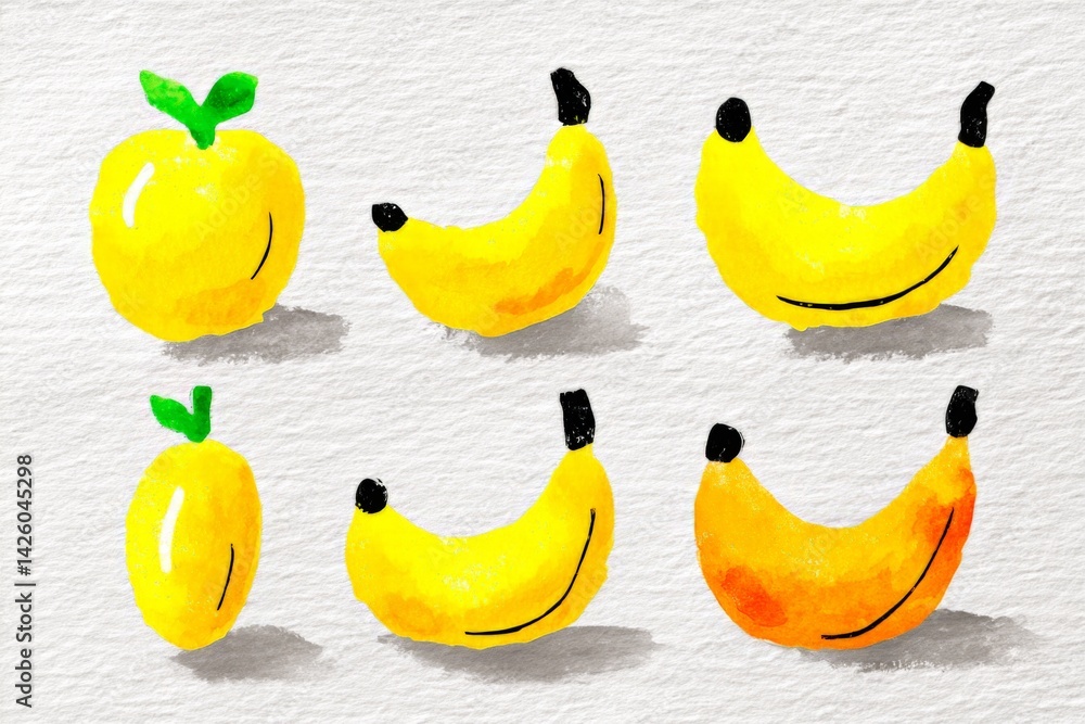Poster Colorful fruit illustration featuring bananas and a unique apple in various sizes and expressions on textured paper
