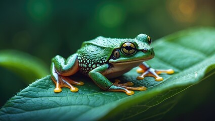 Fototapeta premium Cute little frog resting on a broad leaf amidst natural summer foliage
