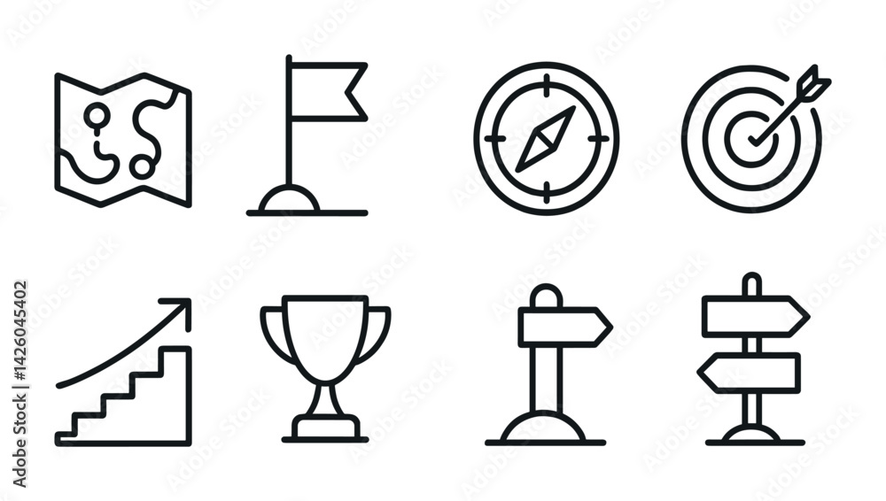 Poster navigation and achievement icons set: linear style for maps and goals
