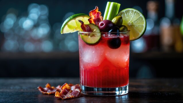 A Bloody Mary cocktail featuring bacon and pickles, adorned with lime wedge, olives, celery, and a spear - Powered by Adobe
