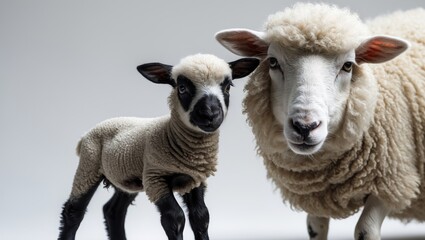 Fototapeta premium Cute newborn sheep and its mother on a white background