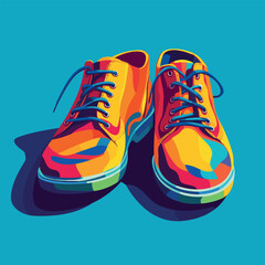 Vibrant multicolored sneakers on blue background with dramatic shadows