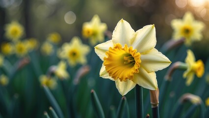 Close-up of a yellow daffodil basking in sunlight with blurred flowers in the background