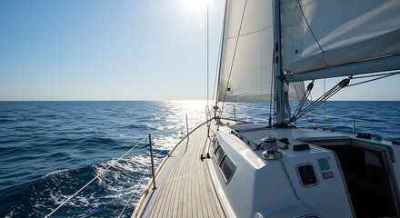 Obraz premium Sailing Yacht Glides Over Calm Azure Sea at Sunset: Deck View with Bright Sunlight Reflecting on Water, Promising Freedom, Relaxation, and Exploration on Summer Vacation