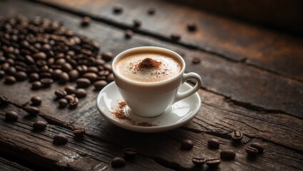Cappuccino and roasted coffee beans on vintage wooden table