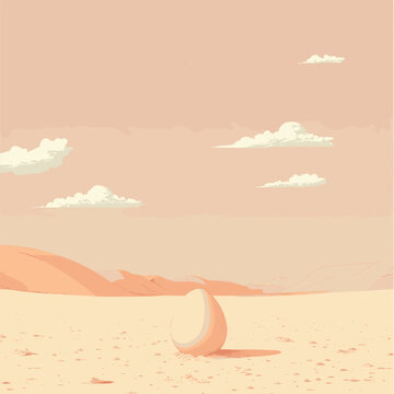 Lonely egg in serene desert landscape with rolling hills and clouds