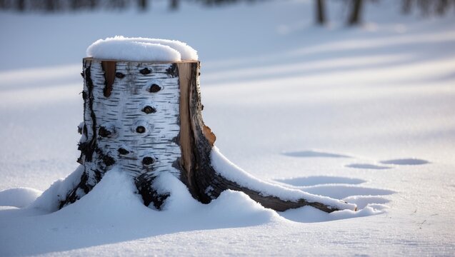 Birch wood log resting on snowy ground with a white cap in a natural background