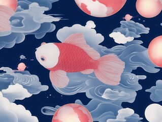 Dreamy Koi Journey Through Celestial Clouds