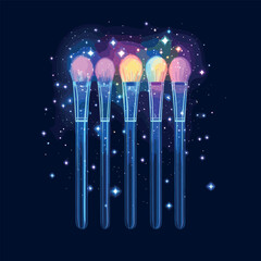 Glowing neon makeup brushes with magical sparkles on dark background