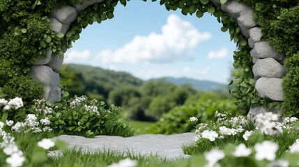 Fototapeta premium A stone archway, overgrown with greenery, leads to a scenic vista. Lush vegetation, flowers, and a pathway frame the arch
