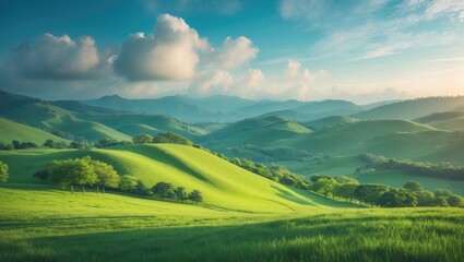 Fototapeta premium A tranquil scene of lush green hills and far-off mountains under warm sunlight, evoking serenity.