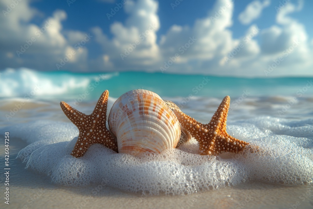 Poster shell and starfish resting on sandy beach with gentle waves rolling in under a bright blue sky