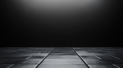 sleek black room features polished floor with reflective tiles, creating modern and minimalist atmosphere. lighting enhances depth and elegance of space, evoking sense of calm and sophistication