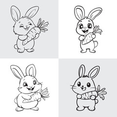 Obraz premium Cute Cartoon Rabbits Holding Carrots on a White Background