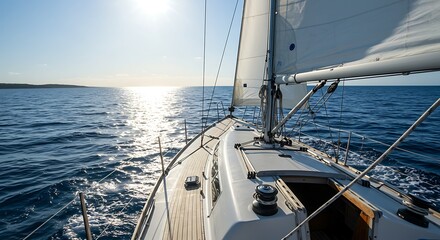 Sailing Yacht Glides on Azure Sea at Sunset, Offering Stunning Bow View, Ideal for Coastal Cruising, Luxury Travel, or Marine Adventure in Gentle Sunlight