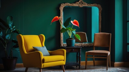 Contemporary living space with a yellow armchair, mirror, and anthurium, showcasing minimal decor and cozy atmosphere.