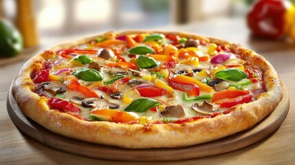 Vegetarian pizza with roasted peppers and mushrooms