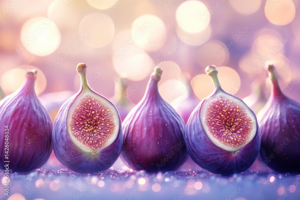 Poster fresh figs arranged beautifully with a soft bokeh background creating a dreamy atmosphere
