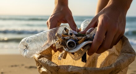 Person Collecting Beach Trash At Sunset