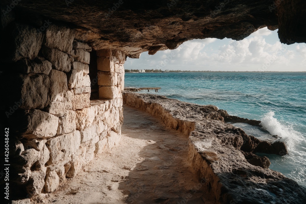 Poster Ancient stone structure near ocean with waves crashing during the day in a tropical location