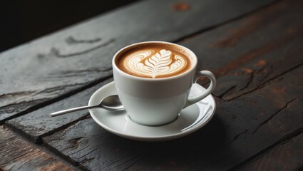 Close-up of a cappuccino in a white cup on a wooden table, featuring foam and coffee art.