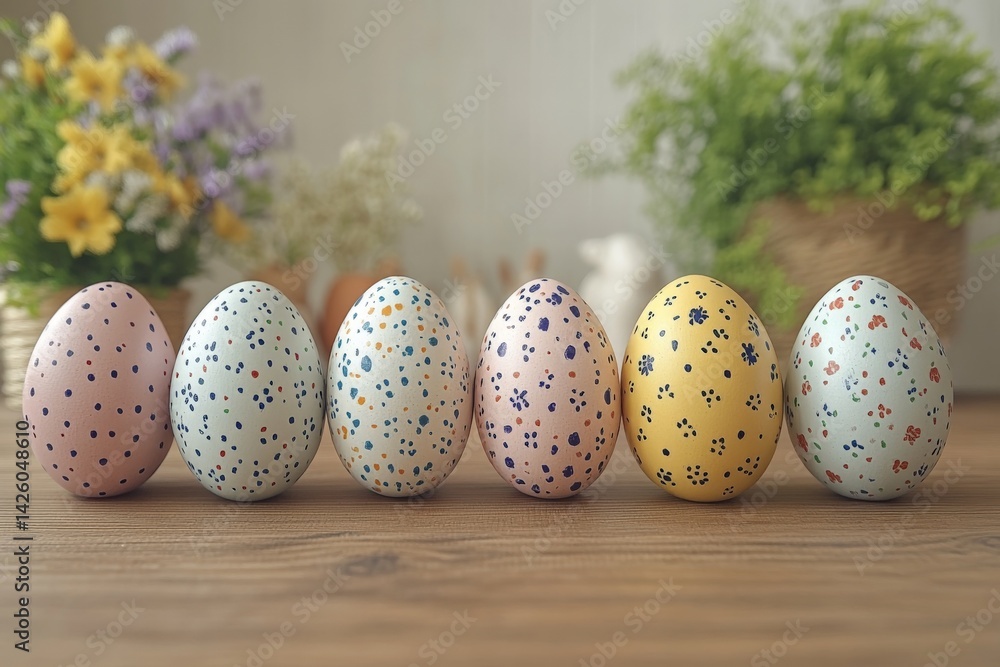 Poster Colorful decorated eggs arranged on a wooden table with flowers in the background during spring