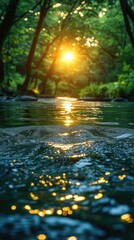 Fototapeta premium Tranquil river reflecting soft sunlight, a serene natural moment. Minimalism in nature's simplicity and calm.