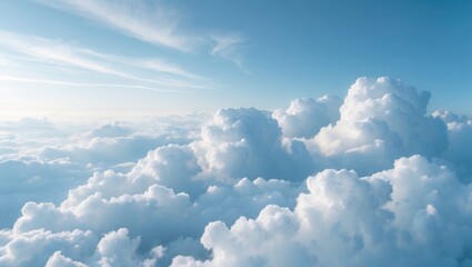 Panoramic view of high nature with large white clouds against a soft blue sky background