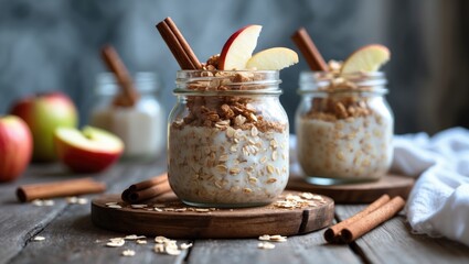 Fototapeta premium Healthy no-cook oatmeal meal featuring soaked oats, apple, nuts, and cinnamon served in a jar