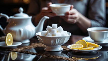On the wooden table in a vintage cafe, a white kettle with tea leaves, a cane sugar container, and a lemon slice saucer are displayed.