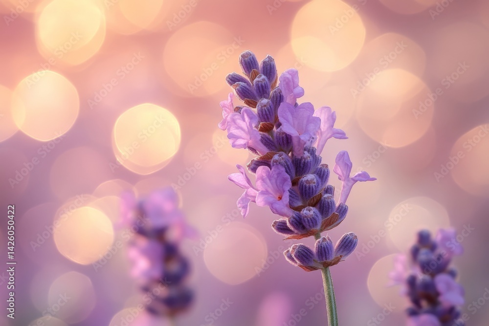Poster lavender blossoms illuminated by soft light create a tranquil atmosphere in a garden at dusk