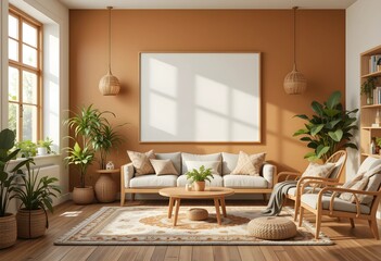 A cozy home interior, decorated in boho style with plants, rugs, and soft textiles, soft natural lighting, 3D render, realistic and inviting atmosphere. 