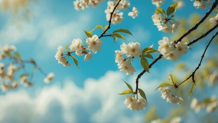 Obraz premium Cherry leaves dancing in the breeze with white spring blossoms in a blurred background
