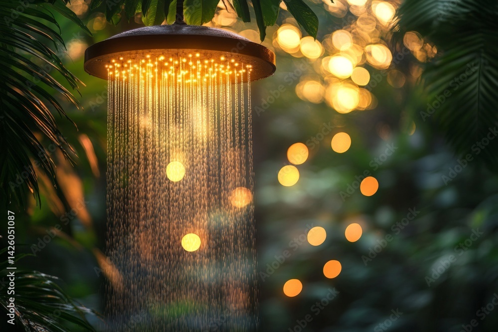 Poster Sunlight filters through a lush tropical setting, illuminating a stunning shower with cascading water droplets in the late afternoon