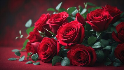 Obraz premium Close-up of vibrant red roses with lush green leaves on a complementary background for romantic celebrations