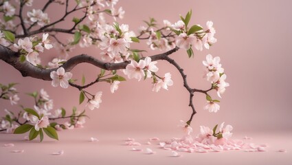 Spring scene featuring flowers and floral elements on a pink background with macro shot of blossoming apricot branches for greeting cards with space for text